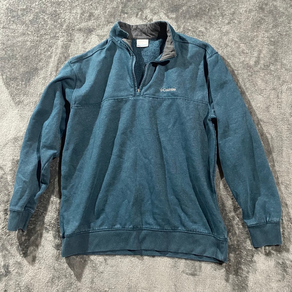 Columbia Mens XL Quarter Zip Pullover Fleece Lined Sweatshirt Teal Blue Logo